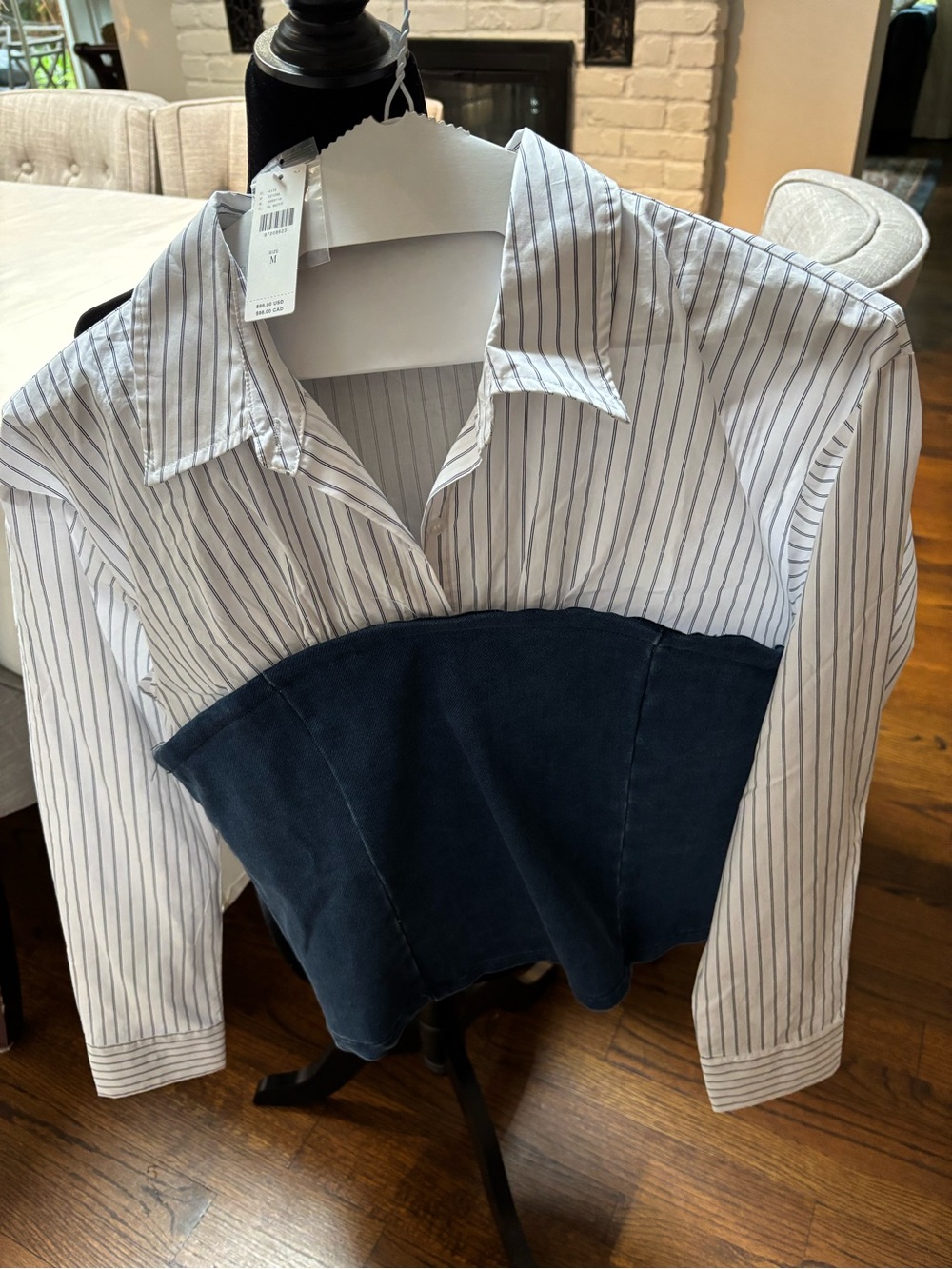 dolan White Pinstripe Shirt with Navy Corset Panel